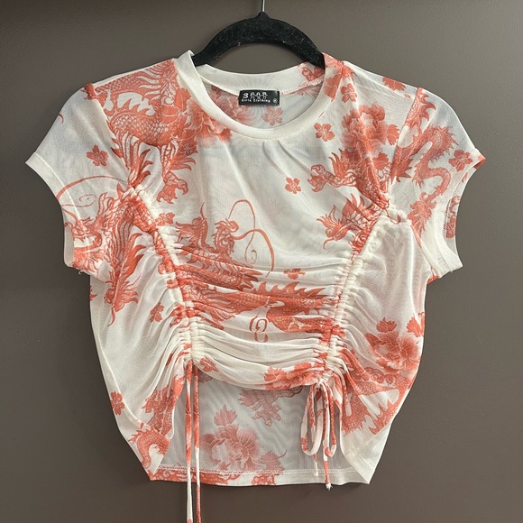 Tops - White and Red Dragon Sheer Short Sleeve Top